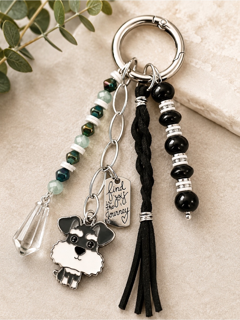 Hand Crafted TERRIER Bag Charm Key Ring w/“FIND JOY IN THE JOURNEY” - Picture 1 of 10
